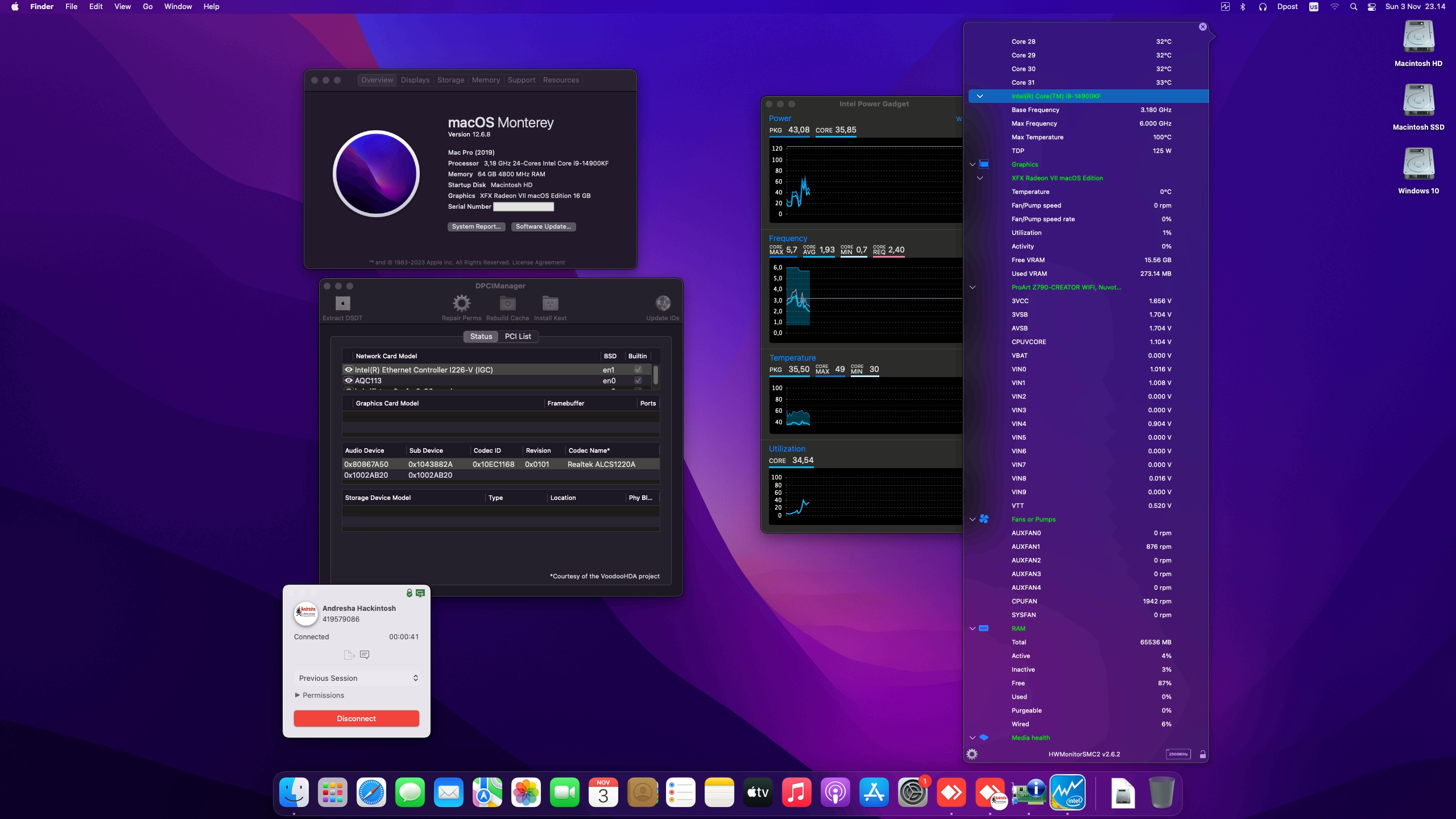 Success Hackintosh macOS Monterey 12.6.8 Build 21G725 in Asus ProArt Z790 Creator WiFi + Intel Core i9 14900KF + XFX Radeon VII